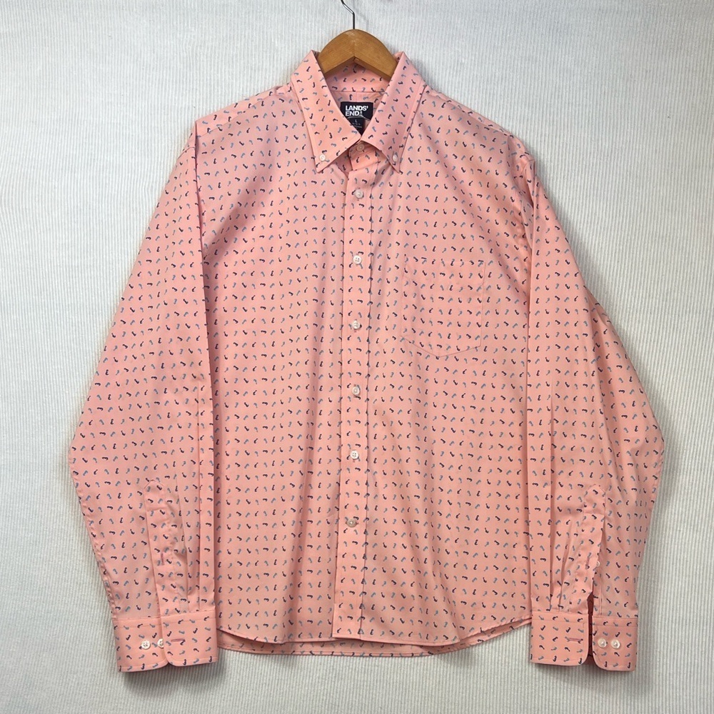 Lands’ End Men’s LARGE Traditional Fit Novelty Print Button Down Shirt Seahorses